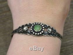 Vtg Fred Harvey Era Sterling Silver Green Turquoise Hand Stamped Cuff Bracelet