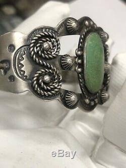 Vtg Fred Harvey Era Sterling Silver Green Turquoise Thunderbird Cuff Bracelet