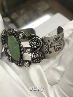 Vtg Fred Harvey Era Sterling Silver Green Turquoise Thunderbird Cuff Bracelet