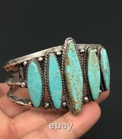 Vtg Fred Harvey Navajo Nevada Turquoise Sterling Silver Stamped Cuff Bracelet