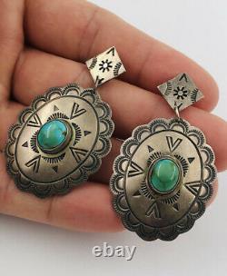 Vtg Fred Harvey Navajo Stamped Sterling Silver Royston Turquoise Dangle Earrings
