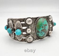 Vtg Fred Harvey Navajo Sterling Silver Cerrillos Turquoise Stamped Cuff Bracelet