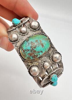 Vtg Fred Harvey Navajo Sterling Silver Cerrillos Turquoise Stamped Cuff Bracelet
