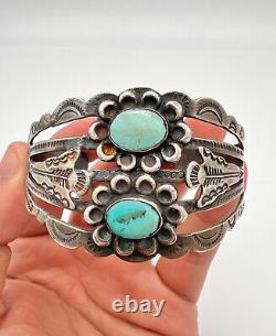 Vtg Fred Harvey Navajo Sterling Silver Turquoise Stamped Arrow Cuff Bracelet