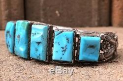 Vtg Fred Harvey Sterling Silver Sleeping Beauty Turquoise Stamped Cuff Bracelet