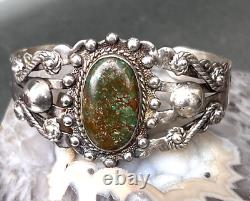 Vtg IH Coin Silver Fred Harvey Era Green Turquoise Cuff Bracelet Native American