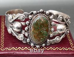 Vtg IH Coin Silver Fred Harvey Era Green Turquoise Cuff Bracelet Native American