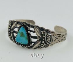 Vtg Navajo Fred Harvey Blue Gem Turquoise Stamped Sterling Silver Cuff Bracelet