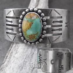 Vtg Navajo Fred Harvey Era Whirling Log Turquoise Wide Sterling Silver Bracelet
