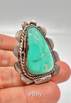 Vtg Navajo Fred Harvey Sterling Silver Blue Moon Turquoise Stamped Ring 25.5g