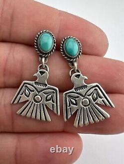 Vtg Navajo Fred Harvey Sterling Silver Turquoise Thunderbird Dangle Earrings