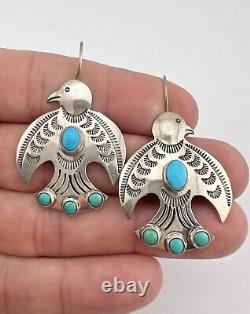 Vtg Navajo Fred Harvey Sterling Silver Turquoise Thunderbird Dangle Earrings