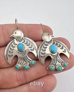 Vtg Navajo Fred Harvey Sterling Silver Turquoise Thunderbird Dangle Earrings