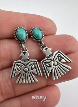 Vtg Navajo Fred Harvey Sterling Silver Turquoise Thunderbird Dangle Earrings