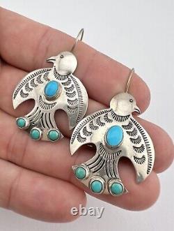 Vtg Navajo Fred Harvey Sterling Silver Turquoise Thunderbird Dangle Earrings