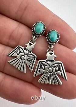 Vtg Navajo Fred Harvey Sterling Silver Turquoise Thunderbird Dangle Earrings