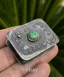 Vtg Navajo Fred Harvey era Sterling Silver Stamped & Damele Turquoise Pill Box