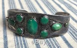 Vtg OLD PAWN Sterling Silver NAVAJO Turquoise Stamped Bracelet cuff Fred Harvey