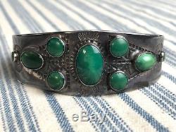 Vtg OLD PAWN Sterling Silver NAVAJO Turquoise Stamped Bracelet cuff Fred Harvey