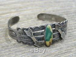 Vtg Old Pawn Navajo Fred Harvey Era Coin Silver Turquoise Arrow Cuff Bracelet