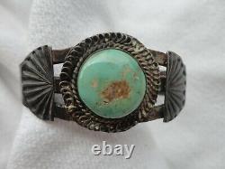 Vtg Old Pawn Silver Fred Harvey Era Navajo Green Turquoise Stamp Cuff Bracelet