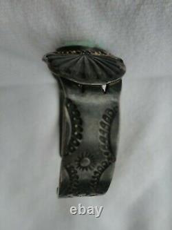 Vtg Old Pawn Silver Fred Harvey Era Navajo Green Turquoise Stamp Cuff Bracelet