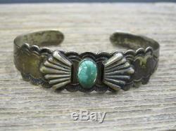 Vtg Pawn Navajo Signed IH Fred Harvey Era Coin Silver Turquoise Cuff Bracelet
