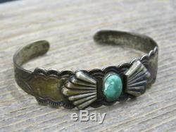 Vtg Pawn Navajo Signed IH Fred Harvey Era Coin Silver Turquoise Cuff Bracelet