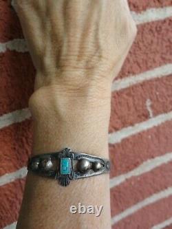 Vtg Silver Fred Harvey Era Navajo Turquoise Thunderbird Snake Stamp Bracelet