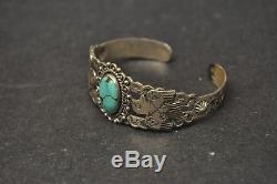 Vtg Sterling Silver Turquoise Cuff Bracelet Fred Harvey Era Thunderbird 19.5g