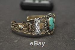 Vtg Sterling Silver Turquoise Cuff Bracelet Fred Harvey Era Thunderbird 19.5g