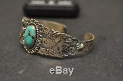 Vtg Sterling Silver Turquoise Cuff Bracelet Fred Harvey Era Thunderbird 19.5g