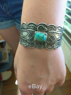 WOW Fred Harvey Era Sterling Silver Turquoise Thunderbird Cuff Stamped