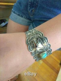 WOW Fred Harvey Era Sterling Silver Turquoise Thunderbird Cuff Stamped