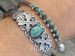Wonderful Coin Silver + Turquoise Arrows Thunderbird Navajo Bracelet Fred Harvey