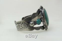 Wonderful green turquoise VTG Fred Harvey sterling silver Navajo cuff bracelet
