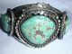 Wow Fred Harvey Era- Heavy Sterling Old Turquoise Hand Tooled Cuff- Large Wrist