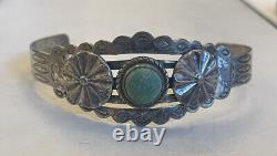 Ancien Pawn Fred Harvey Era Navajo Turquoise Stamped Bracelet De Cuff En Argent