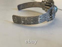 Ancien Pawn Fred Harvey Era Navajo Turquoise Stamped Bracelet De Cuff En Argent