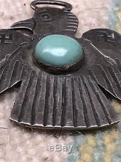 Ancien Pion Navajo Fred Harvey Thunderbird Collier Pendentif Fob Argent Turquoise