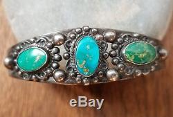 Ancien Vintage Navajo Fred Harvey Ère Avec Trois Bracelet Turquoise Pierres Manchette