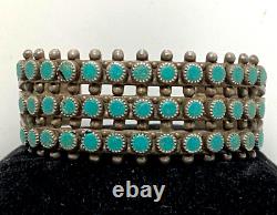 Ancien bracelet Fred Harvey en argent sterling avec turquoise à petit point Zuni à 3 rangées