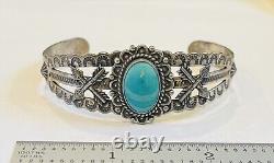 Ancien bracelet manchette en argent sterling et turquoise de Fred Harvey Native American