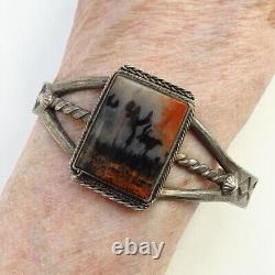 Ancien bracelet manchette en bois pétrifié en argent sterling navajo fait à la main de l'époque de Fred Harvey