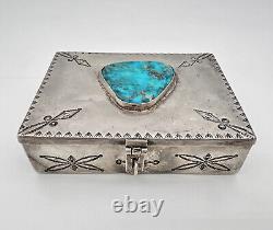 Ancienne boîte à bibelots en argent sterling de l'époque Fred Harvey avec turquoise de Bisbee et poinçonnée