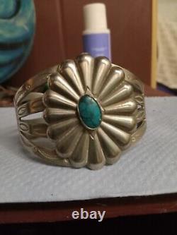 Ancienne bracelet à conchos en argent sterling Navajo de l'ère Fred Harvey avec turquoise de première qualité