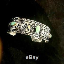 Années 1930 Fred Harvey Style American Indian Thunderbird Turquoise Silver Manchette Unisexe