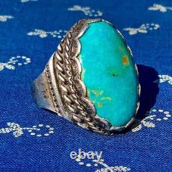 Années 1950 NAVAJO Blue Gem GIGANTESQUE Bague ancienne en argent et turquoise de Fred Harvey pour homme de grande taille