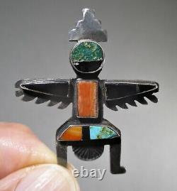 Antique Fred Harvey Era Amérindien Zuni Sterling Silver Incrustation Kachina Pin