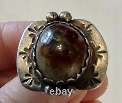 Bague en argent sterling et agate de feu de l'époque Fred Harvey Navajo Old Pawn - Taille 6.5